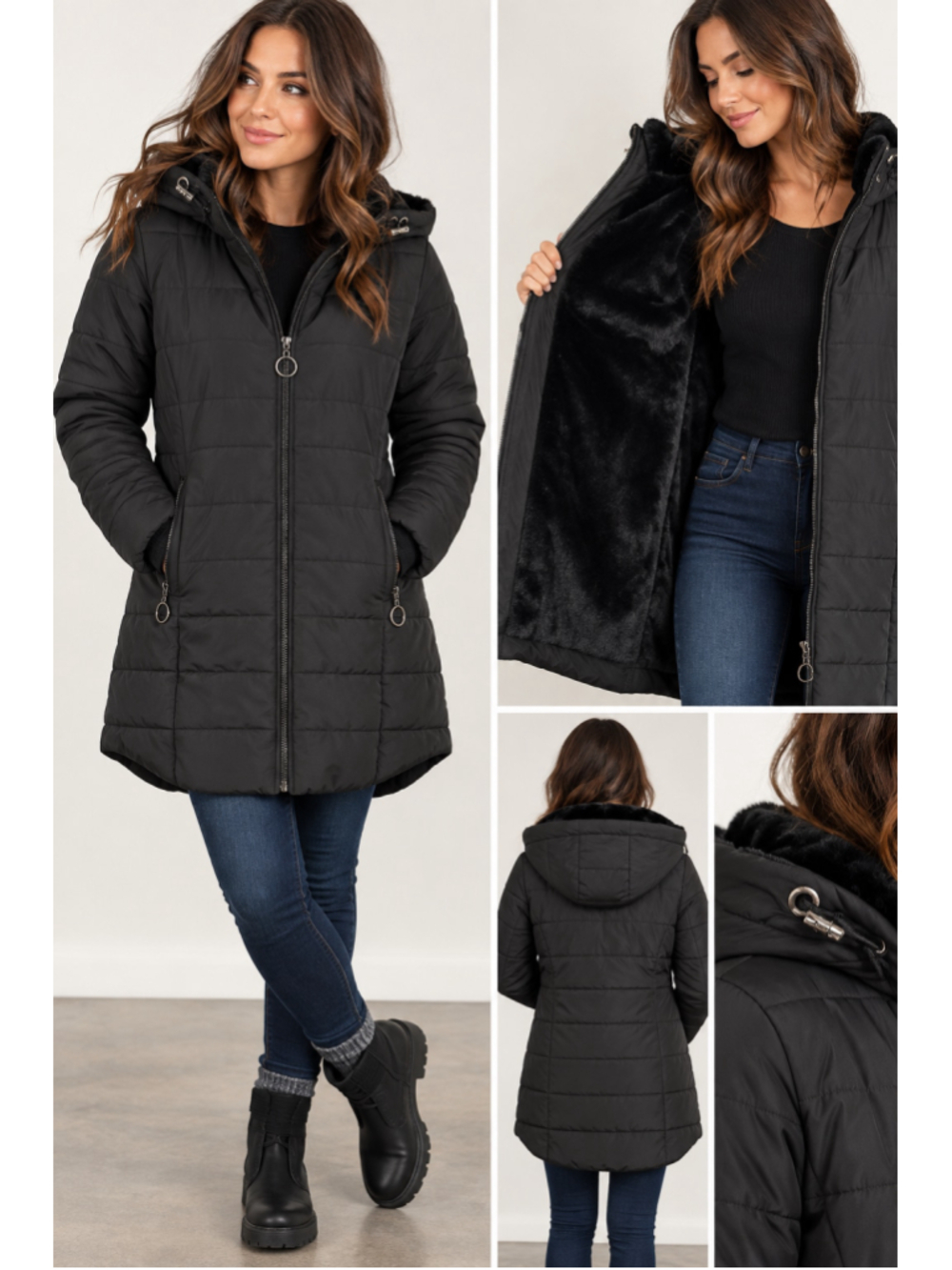 Black Faux Fur Lined Hooded Puffer Coat Women’s Medium Quilted Winter Jacket